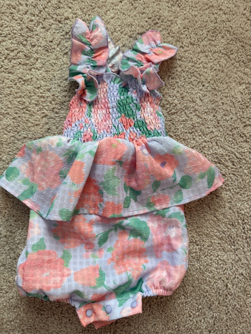 Smocked Floral Peach & Green Baby One-Piece